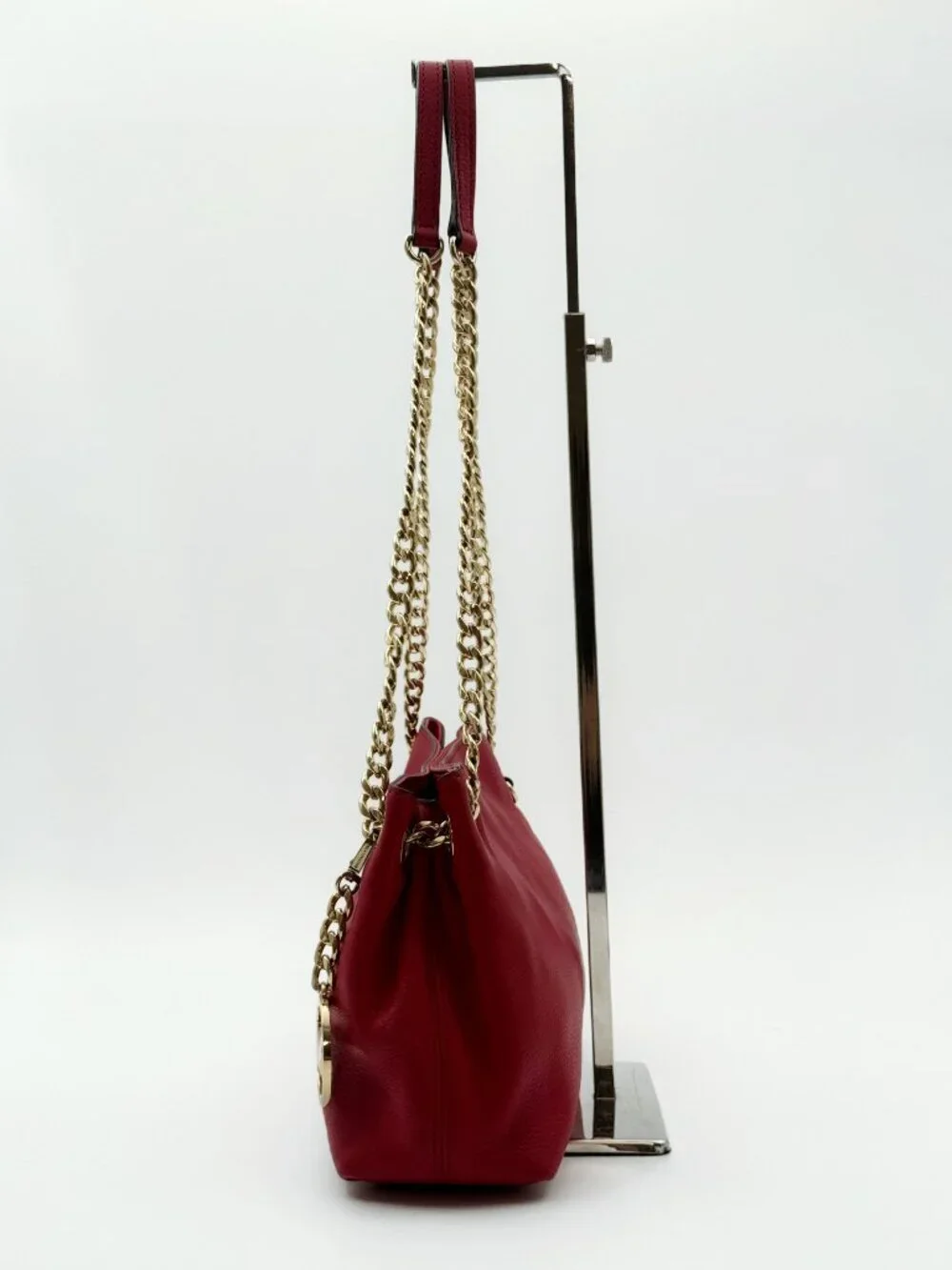 Michael Kors Red Leather Chain Shoulder Bag Gold Tone MK Charm Tote